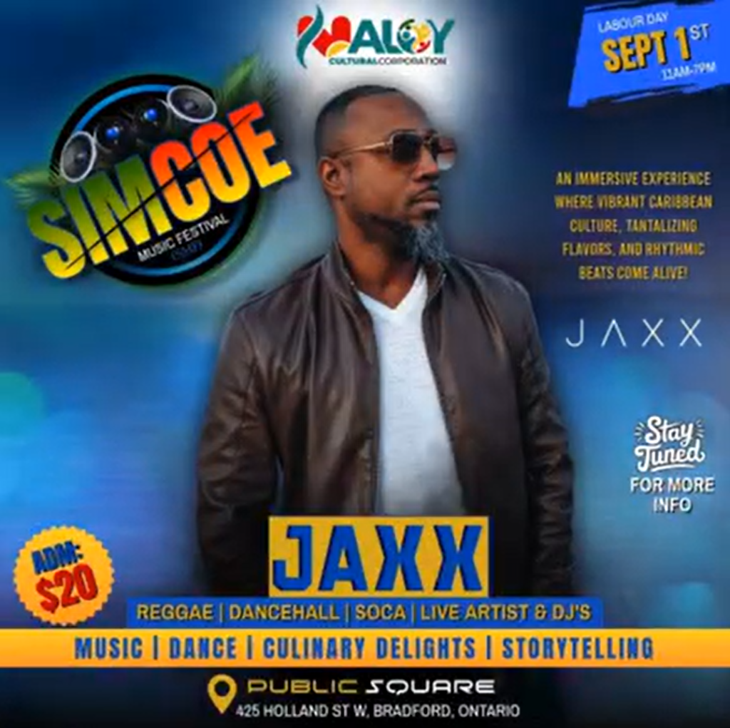 Simcoe Music Festival poster featuring musical artist Jaxx wearing a brown leather jacket.