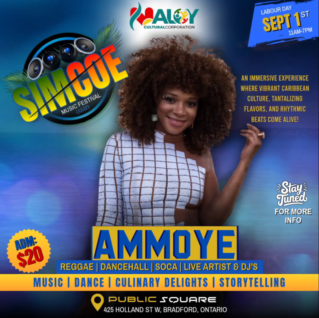 Simcoe Music Festival poster featuring artist Ammoye smiling with voluminous curly hair.