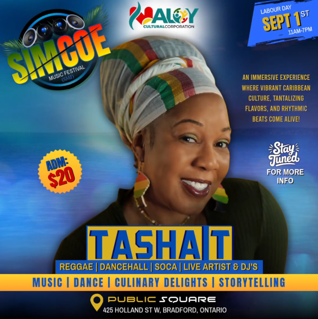 Simcoe Music Festival poster featuring artist Tasha T smiling warmly and wearing a colorful patterned headwrap.
