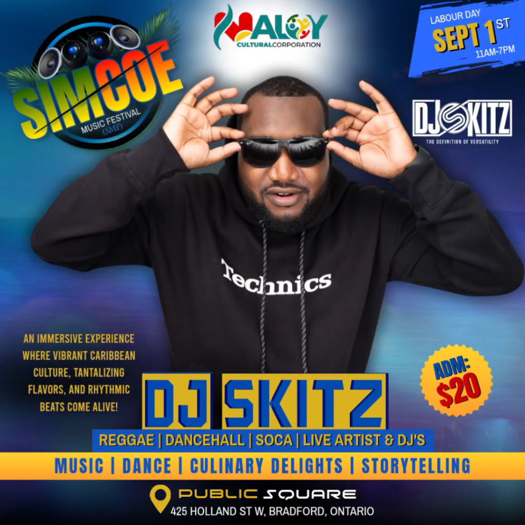 Simcoe Music Festival poster featuring DJ Skitz adjusting his sunglasses while wearing a black hoodie.