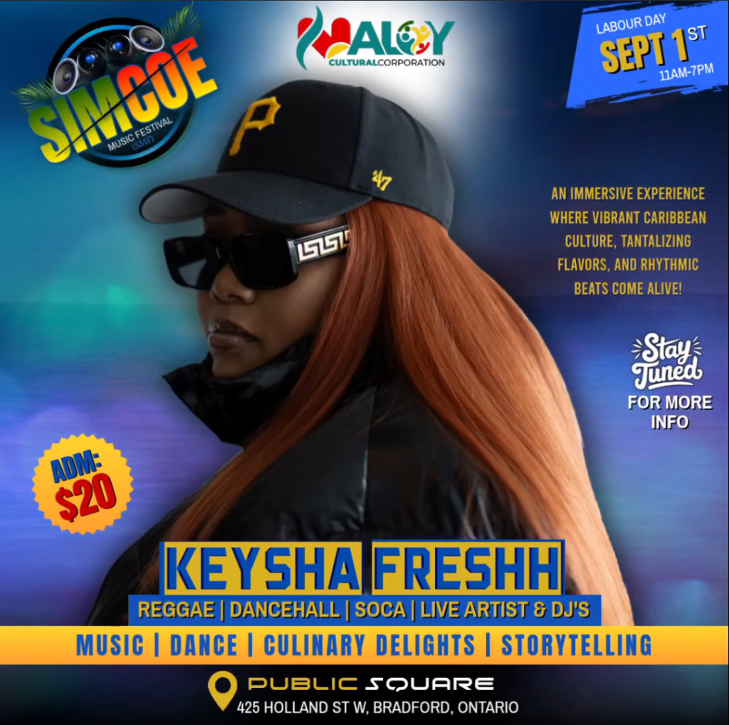 Simcoe Music Festival poster featuring artist Keysha Freshh wearing a black baseball cap and dark sunglasses.