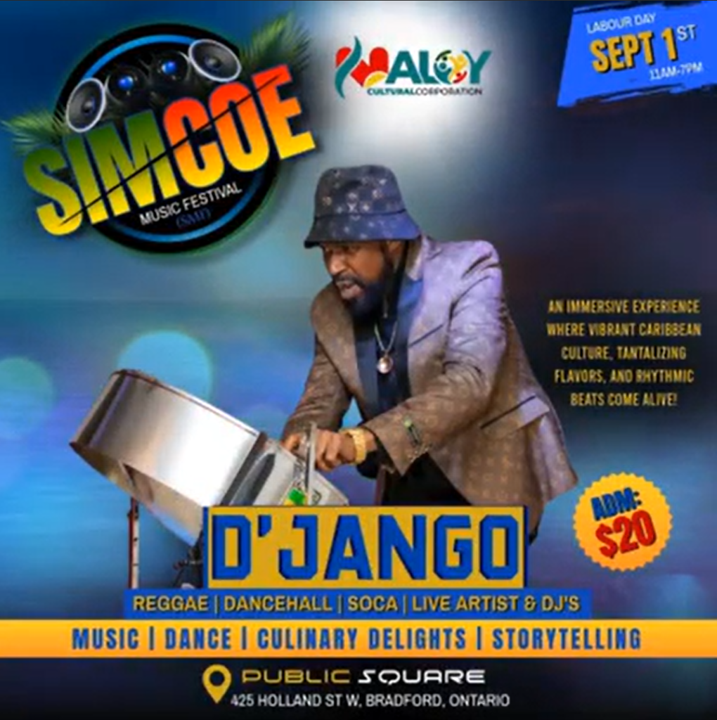 Simcoe Music Festival poster featuring artist D'Jango playing a steel drum instrument.